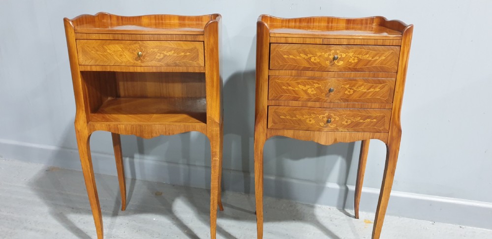 Lovely Pair French Marquetry Bedside Lamp Tables View II