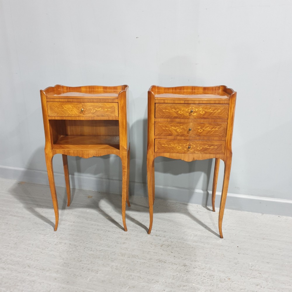 Lovely Pair French Marquetry Bedside Lamp Tables
