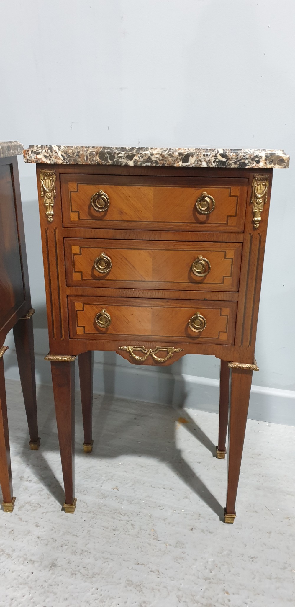 Pair French Bedside Lamp Chests of Drawers View II
