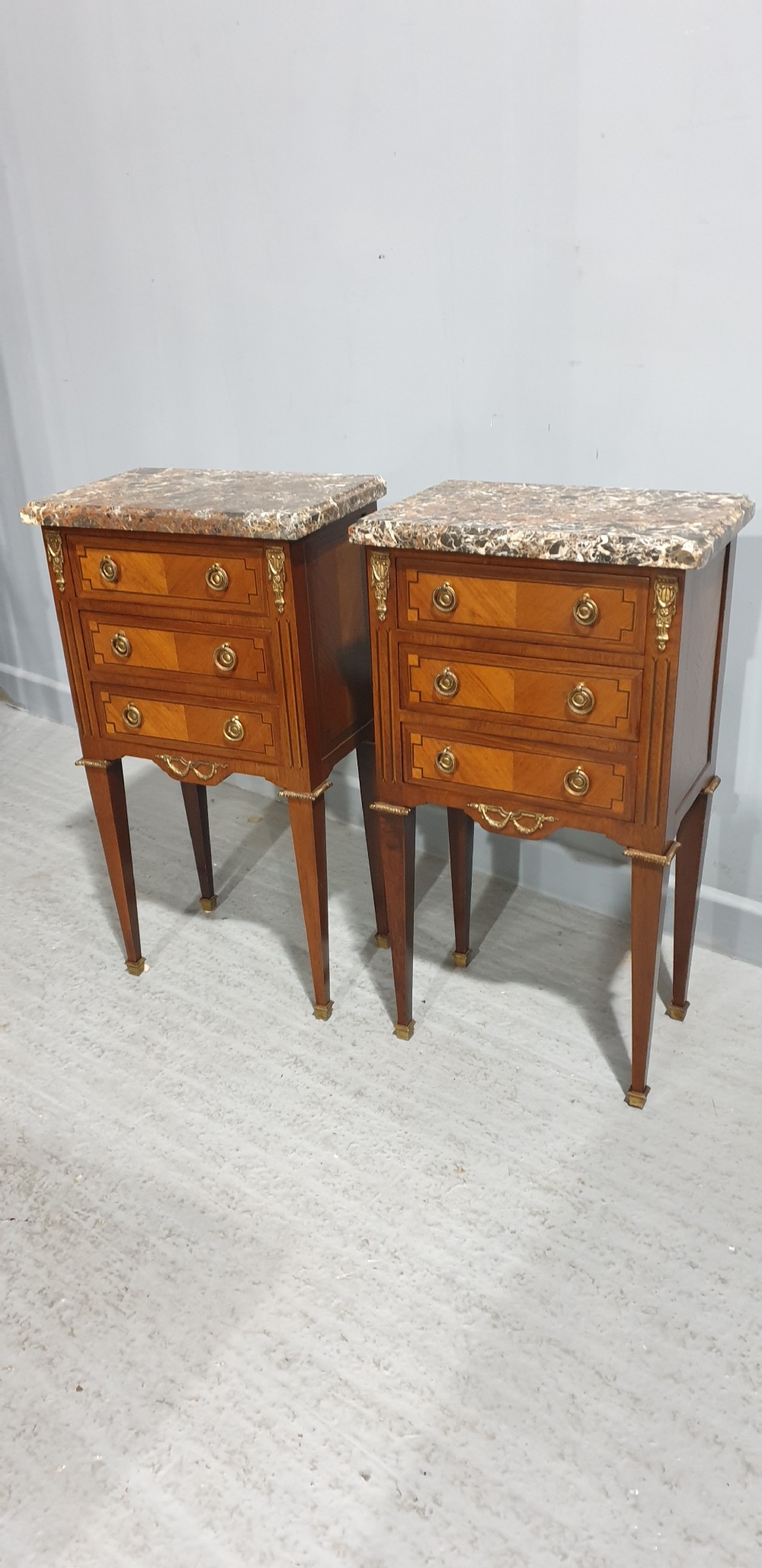 Pair French Bedside Lamp Chests of Drawers View III