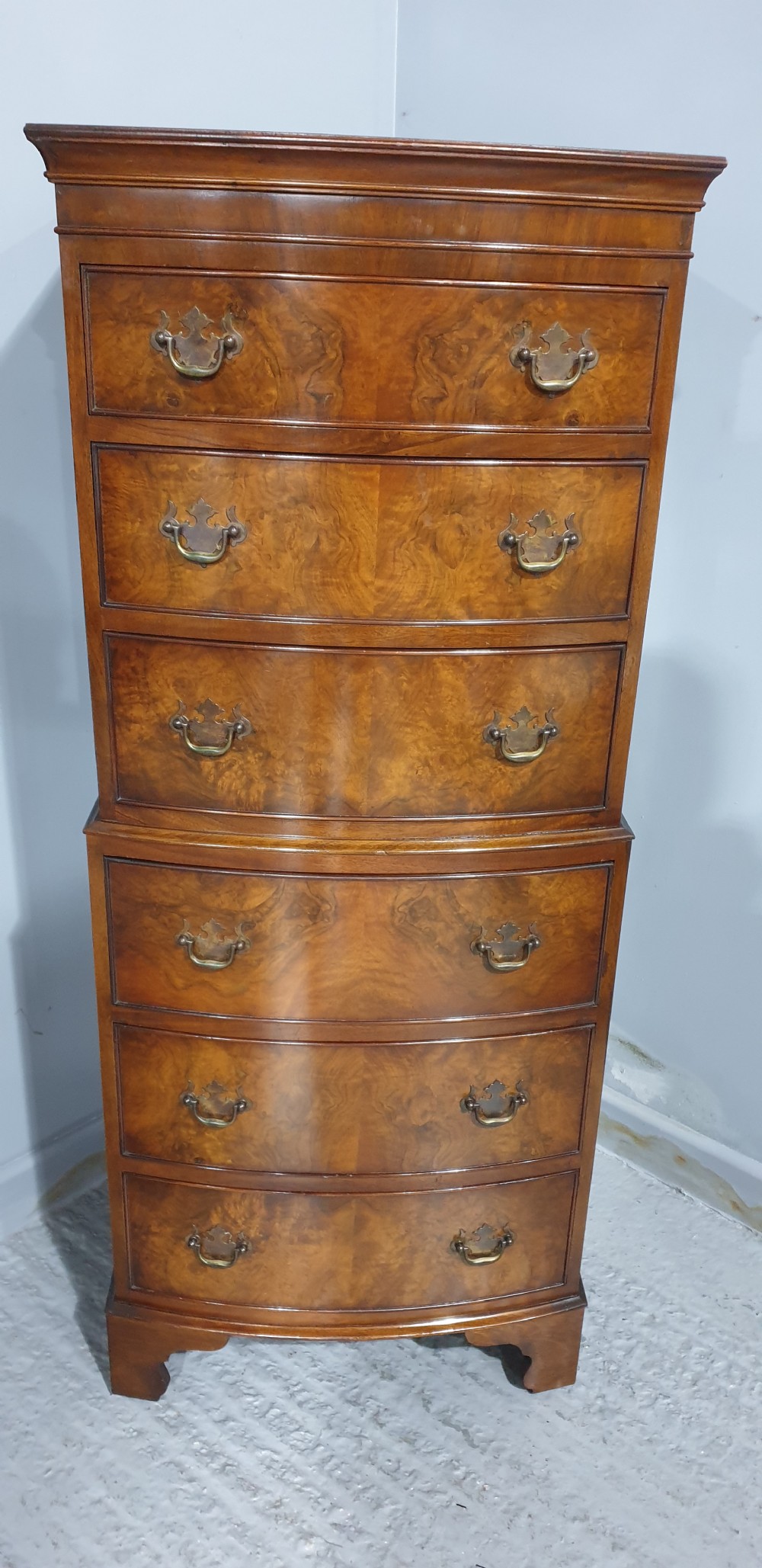 Burr Walnut Chest on Chest of Drawers View II