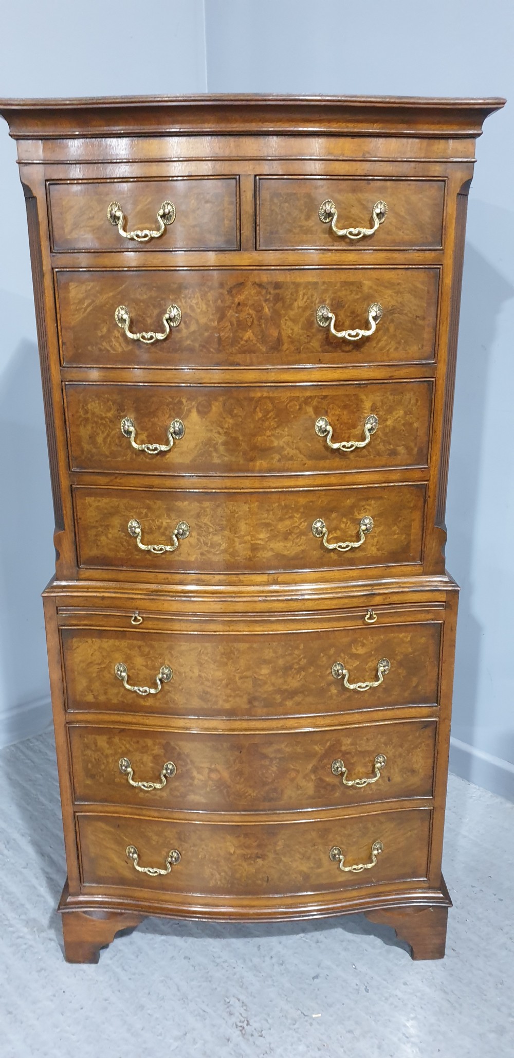 Burr Walnut Chest on Chest of Drawers View II