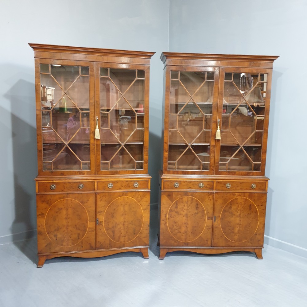 Superb Pair Inlaid Yew Bookcases