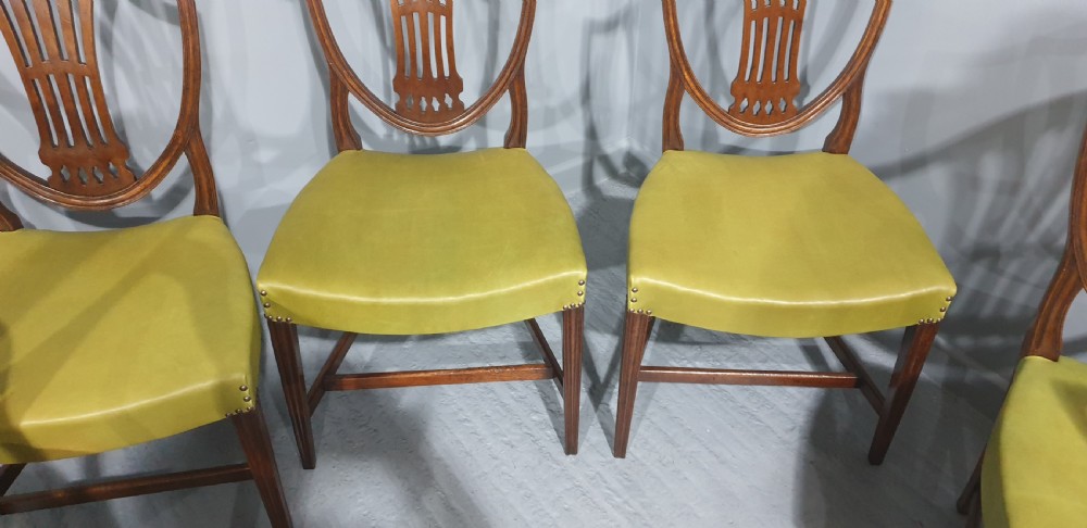 A set of six Georgian mahogany shield-back dining chairs, including two carvers and four side chairs, featuring yellow-green leather seats with brass studding. View XII