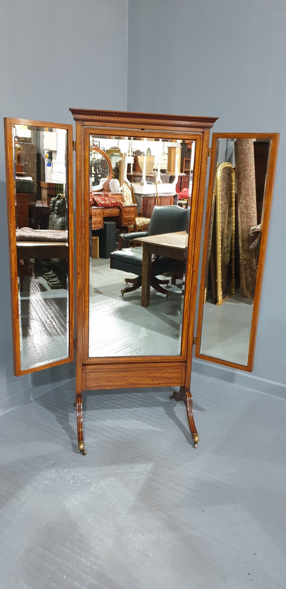 Superb Satinwood Inlaid Tryptic Cheval Mirror View III