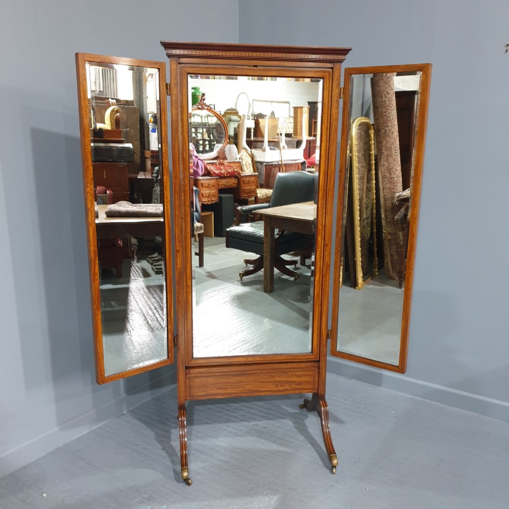Superb Satinwood Inlaid Tryptic Cheval Mirror
