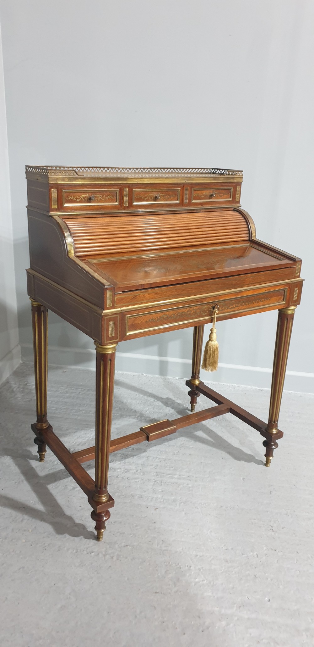Outstanding Brass Inlaid Ladies Bureau Desk View XV