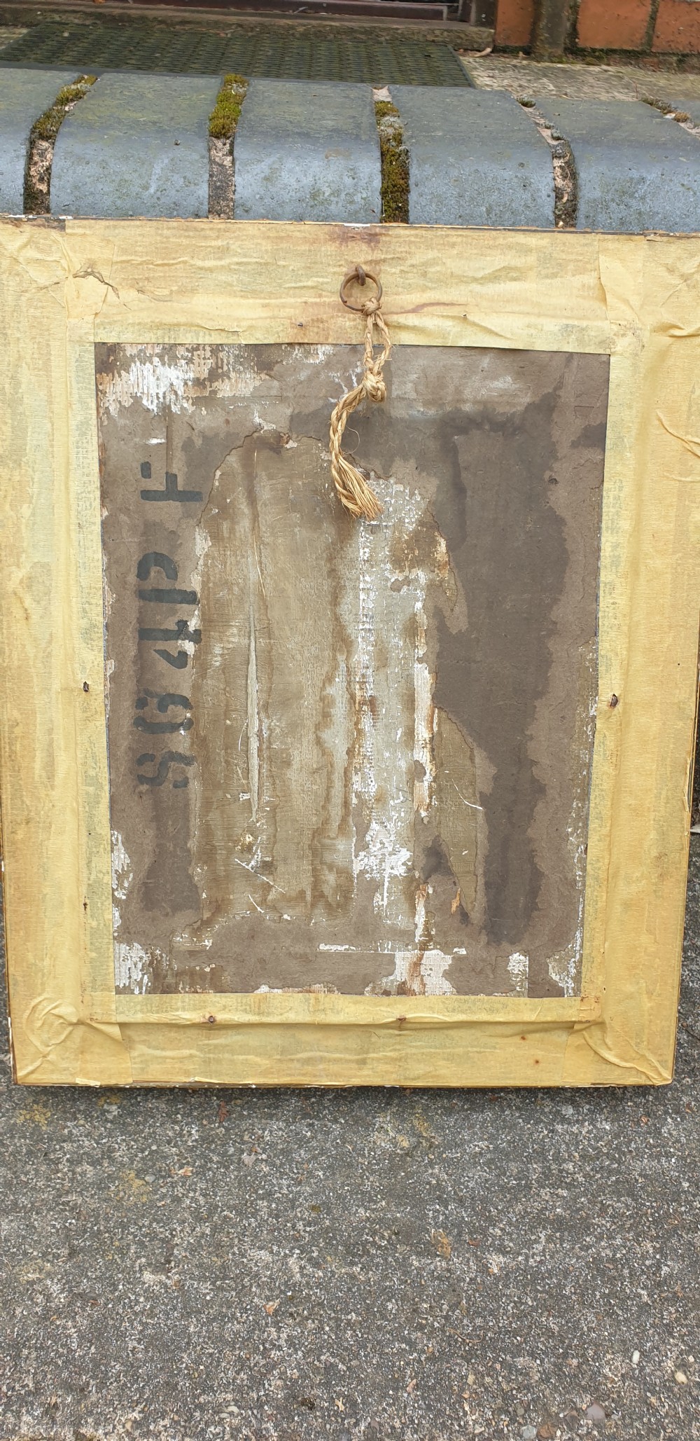A nineteenth-century framed oil painting on board depicting a man and woman in historical costume dancing in a landscape setting, enclosed within an ornate carved gold frame. View V