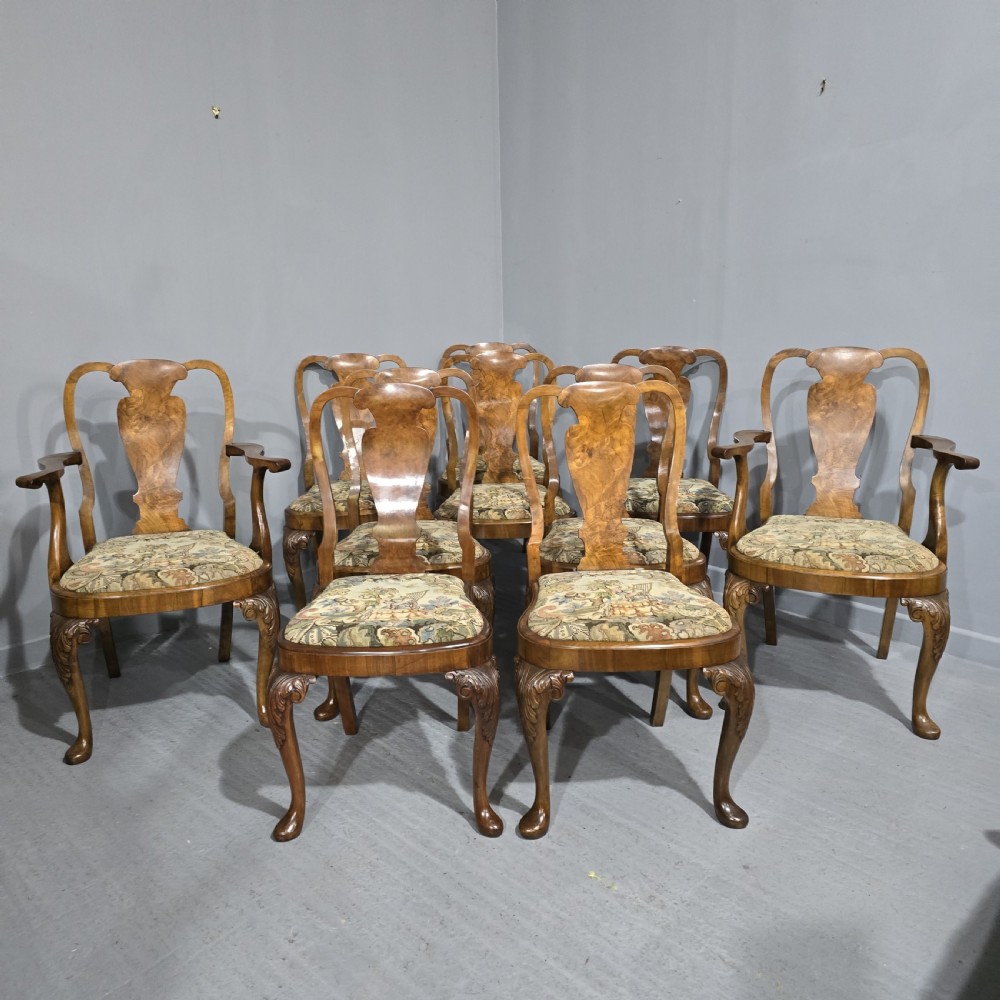 Outstanding Set Ten Queen Anne Walnut Dining Chairs
