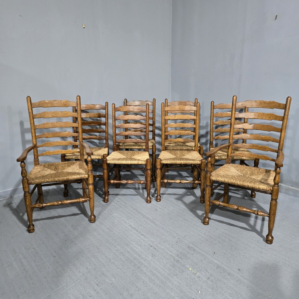 Superb Set Eight Rush Seat Ladder Back Dining Chairs