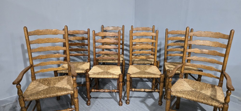 Superb Set Eight Rush Seat Ladder Back Dining Chairs View II