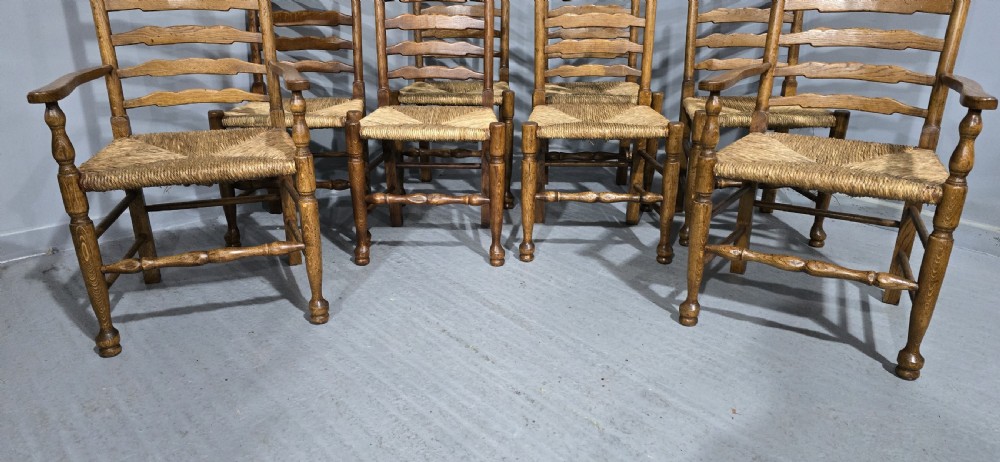 Superb Set Eight Rush Seat Ladder Back Dining Chairs View III