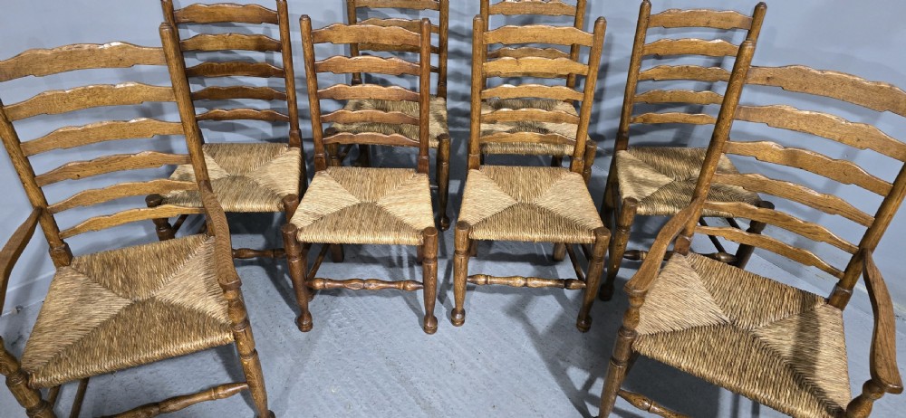 Superb Set Eight Rush Seat Ladder Back Dining Chairs View IV