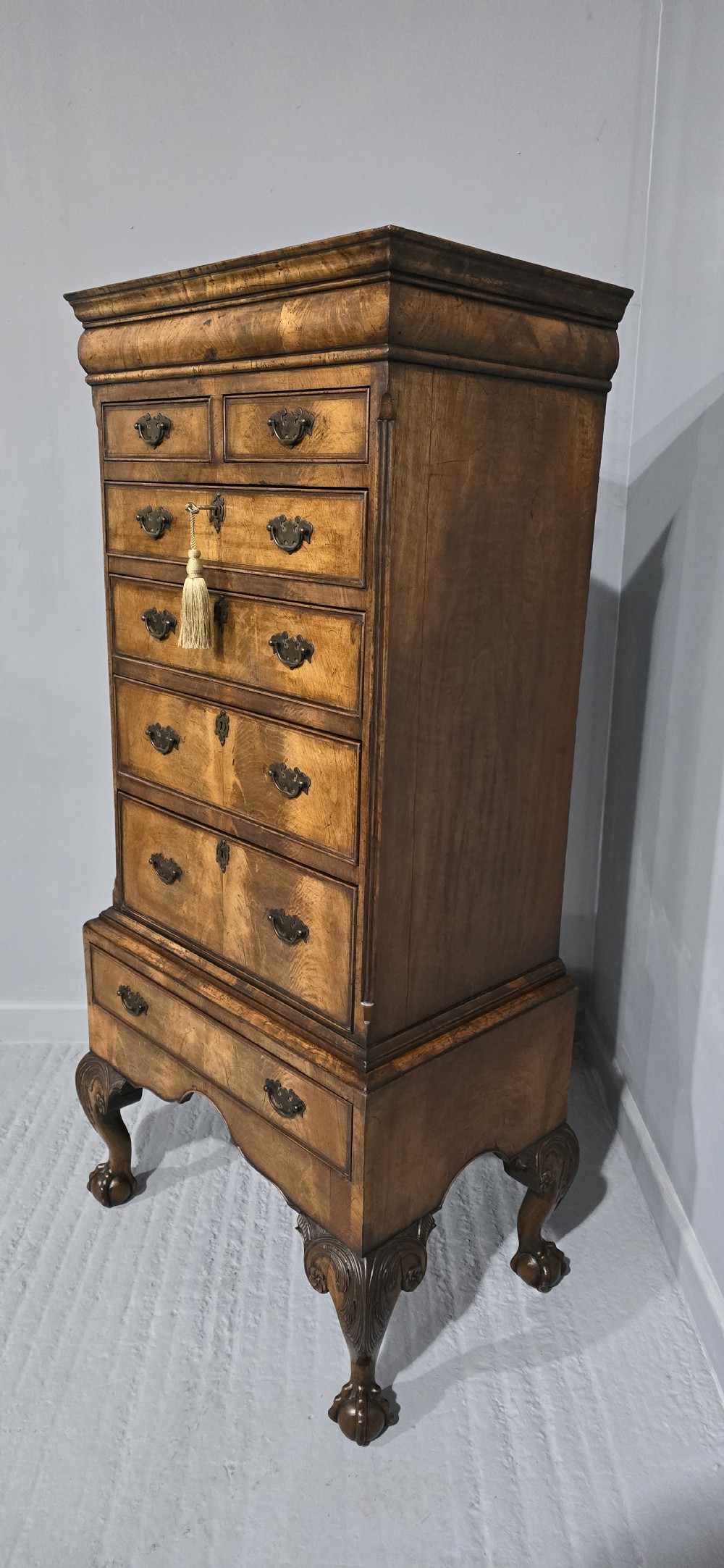 Top Quality Queen Ann Burr Walnut Chest on Stand View V