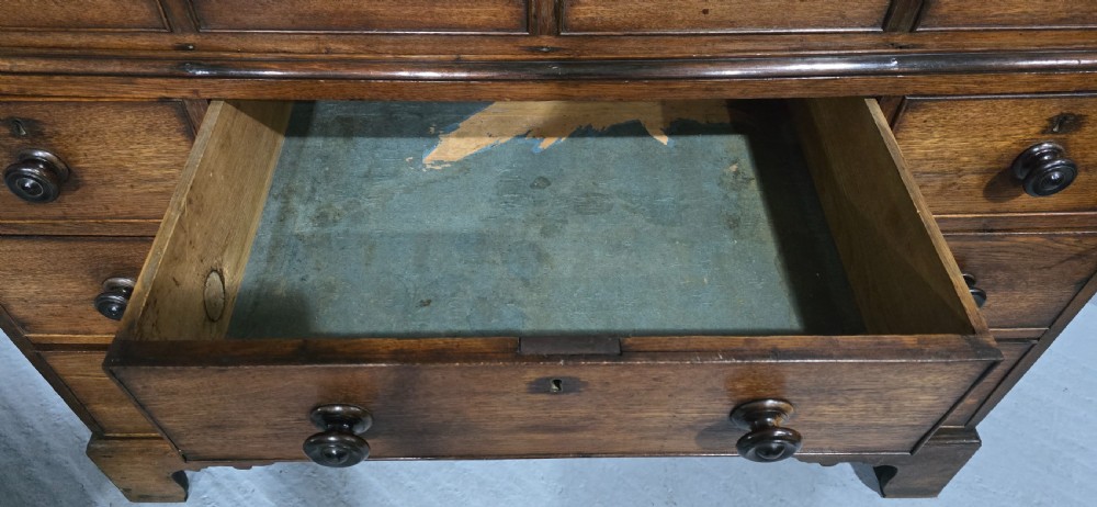 A tall Georgian oak and elm livery cupboard featuring arched panelled doors above multiple drawers with turned wooden knobs. View V