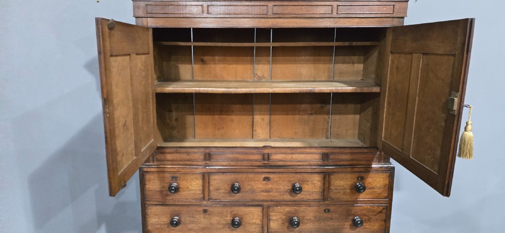 A tall Georgian oak and elm livery cupboard featuring arched panelled doors above multiple drawers with turned wooden knobs. View VII