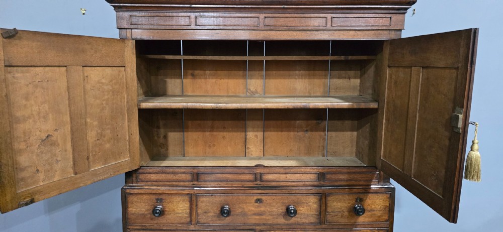A tall Georgian oak and elm livery cupboard featuring arched panelled doors above multiple drawers with turned wooden knobs. View VIII