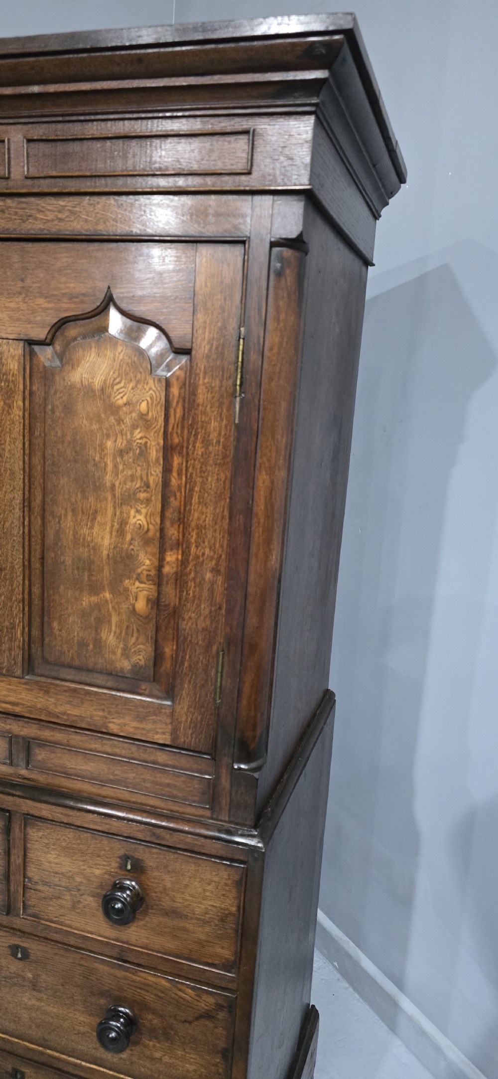 A tall Georgian oak and elm livery cupboard featuring arched panelled doors above multiple drawers with turned wooden knobs. View XI