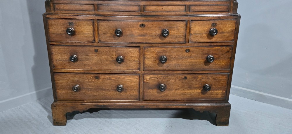 A tall Georgian oak and elm livery cupboard featuring arched panelled doors above multiple drawers with turned wooden knobs. View XII