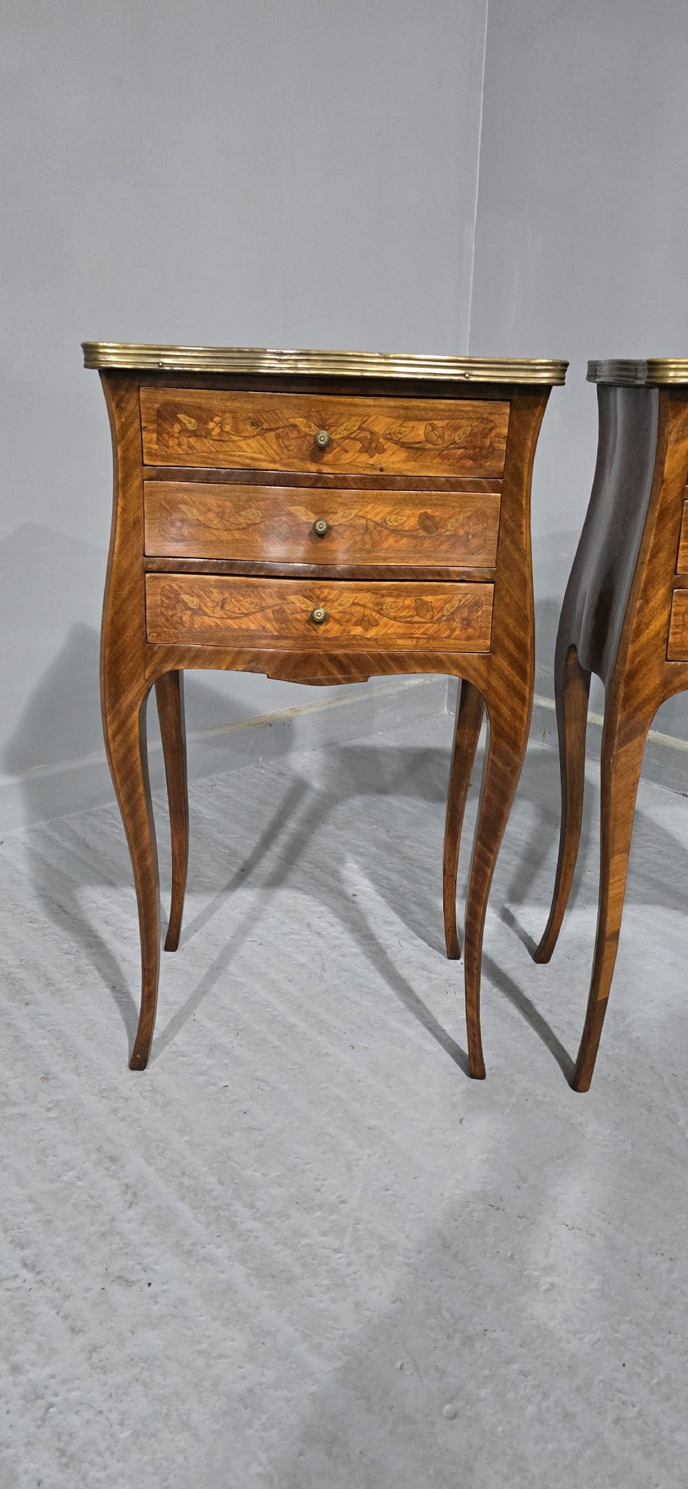 Pair French Marquetry Bedside Lamp Tables View II