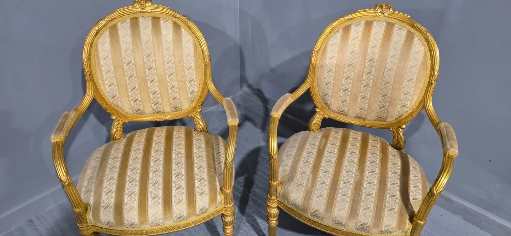 Outstanding Pair French Gilt Armchairs View V