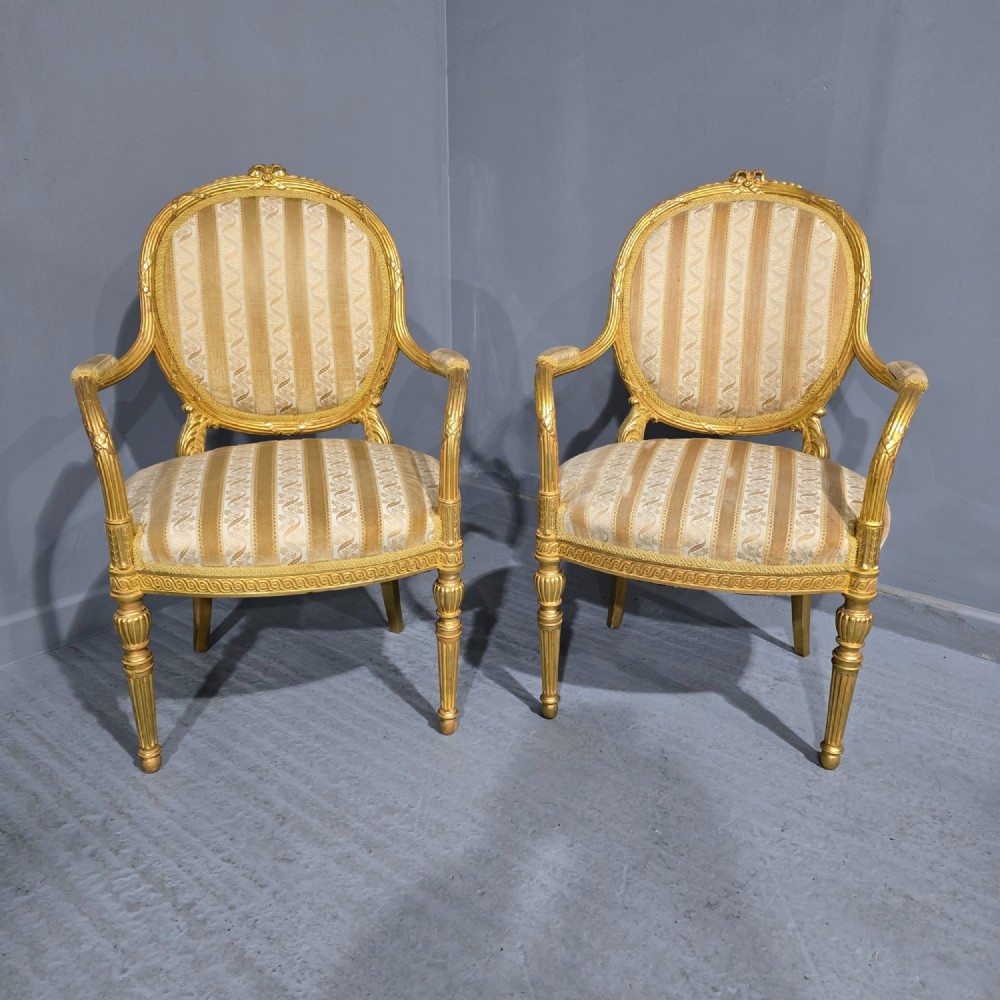 Outstanding Pair French Gilt Armchairs