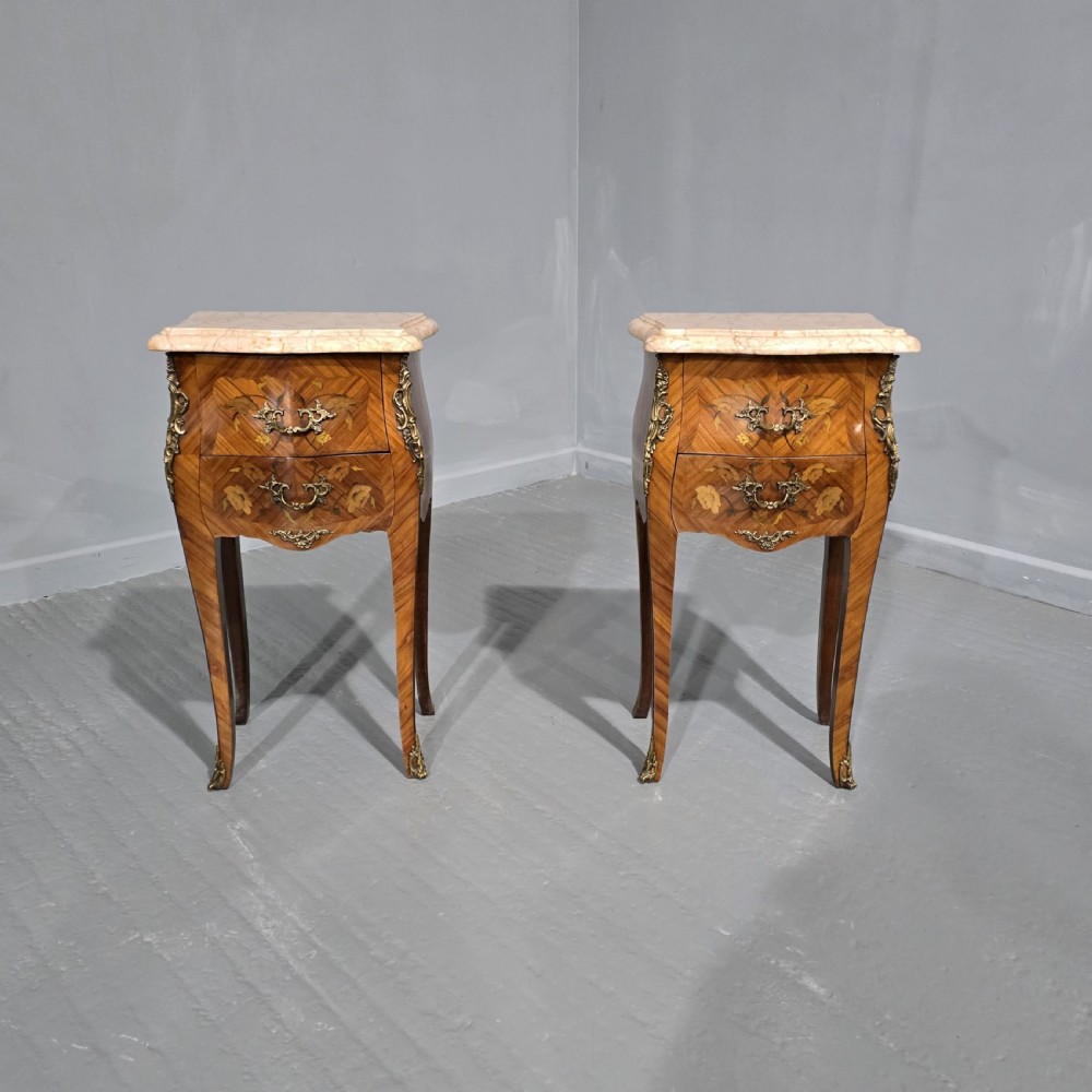 Pair French Marquetry Bedside Lamp Tables 