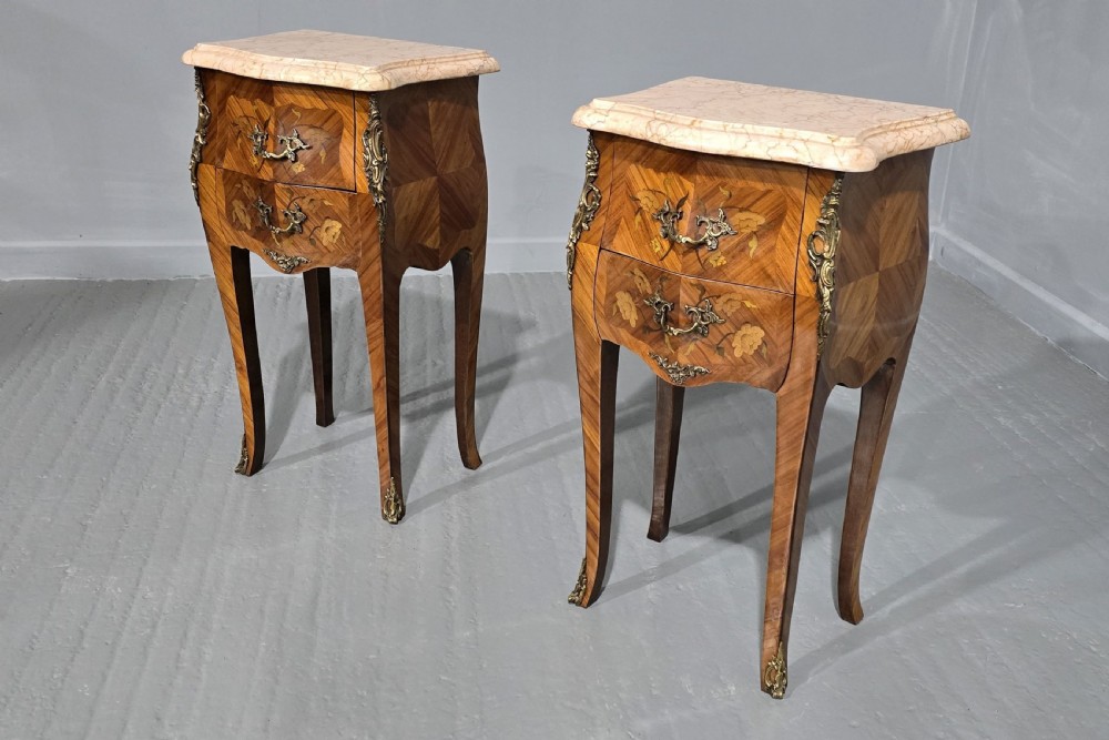 Pair French Marquetry Bedside Lamp Tables  View II