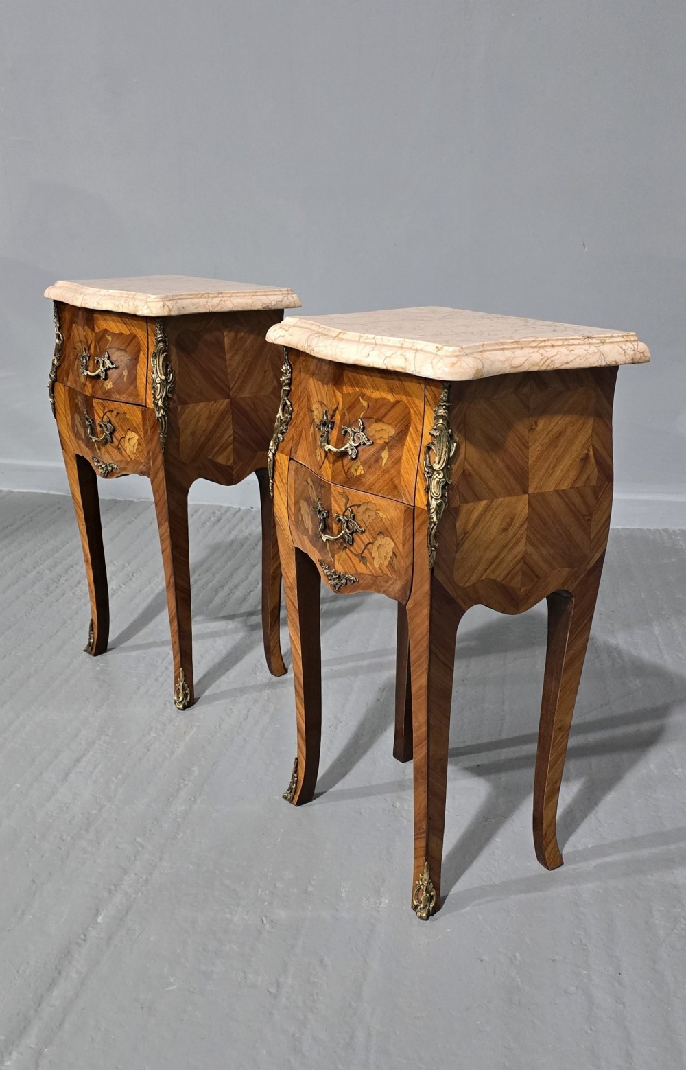 Pair French Marquetry Bedside Lamp Tables  View III
