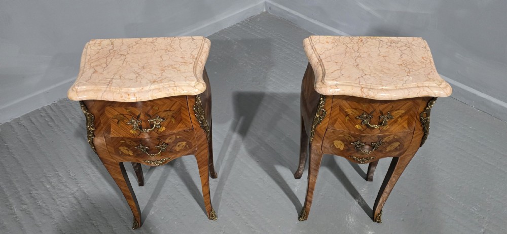Pair French Marquetry Bedside Lamp Tables  View V