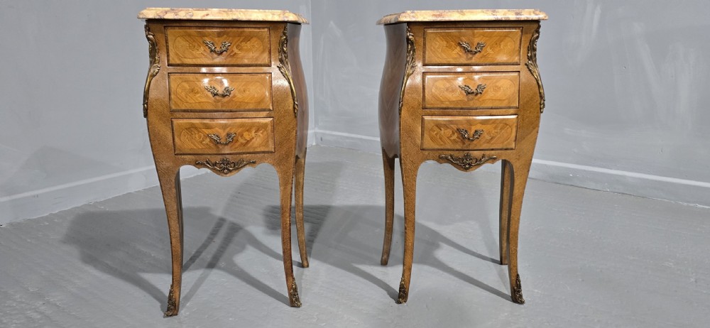 Pair French Marquetry Bedside chests of Drawers View II