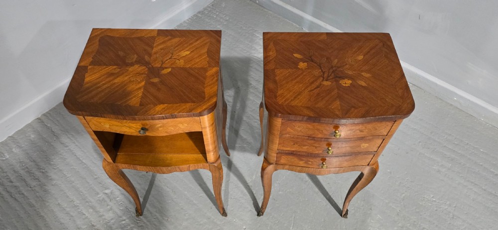 Excellent Pair French Marquetry Bedside Lamp Tables View II