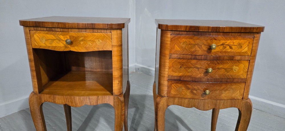 Excellent Pair French Marquetry Bedside Lamp Tables View III