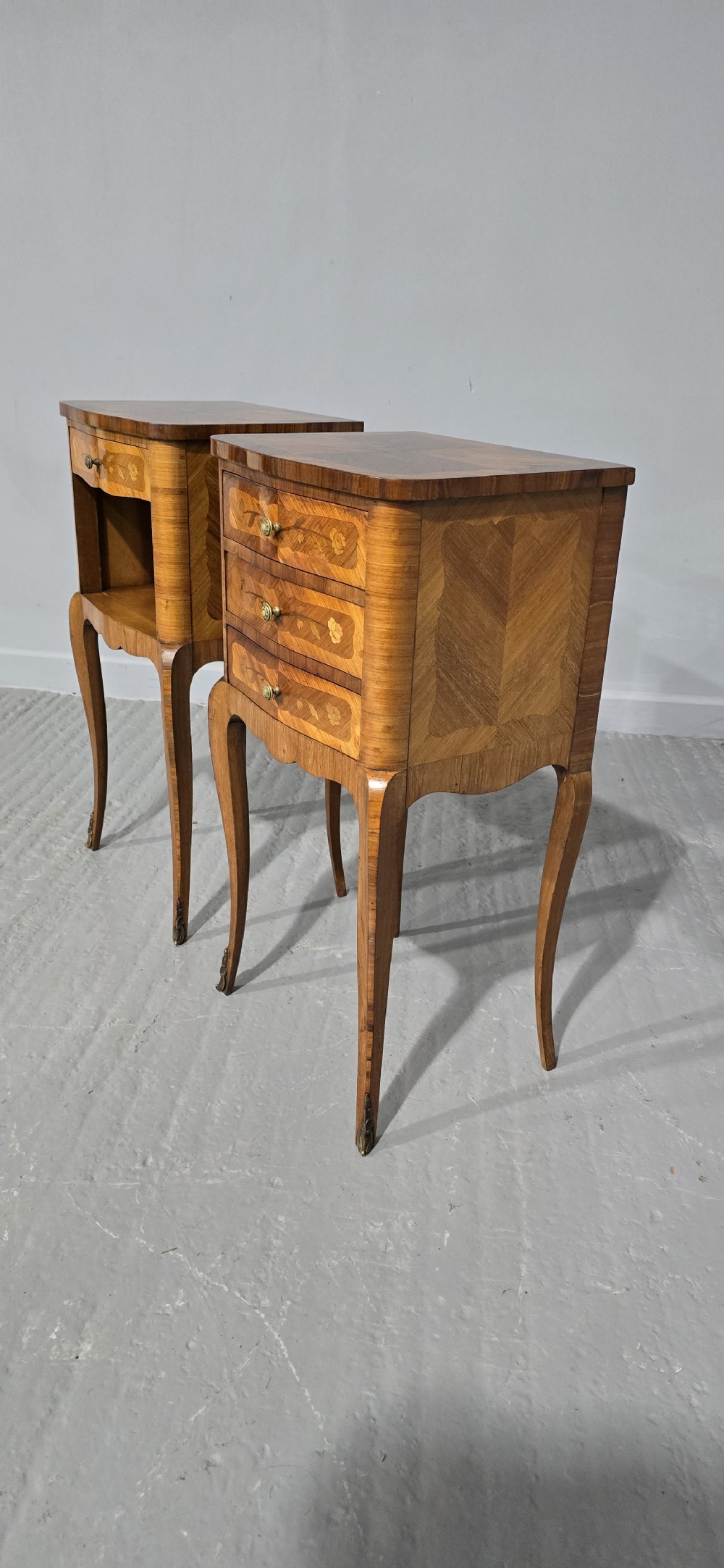 Excellent Pair French Marquetry Bedside Lamp Tables View V