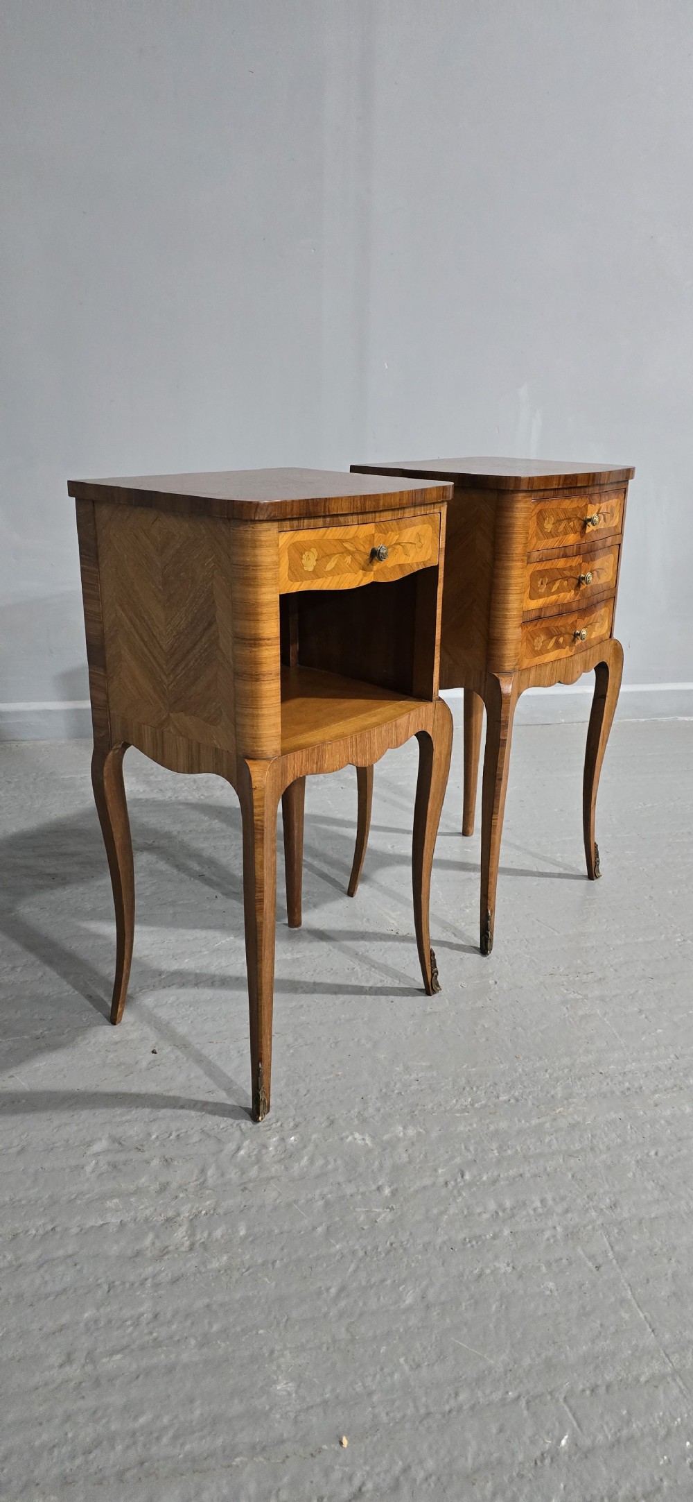 Excellent Pair French Marquetry Bedside Lamp Tables View VI