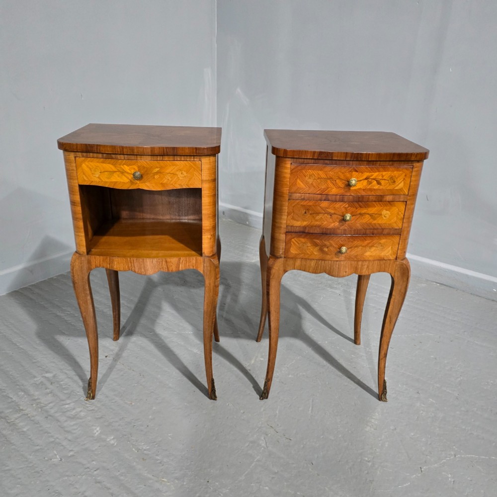 Excellent Pair French Marquetry Bedside Lamp Tables