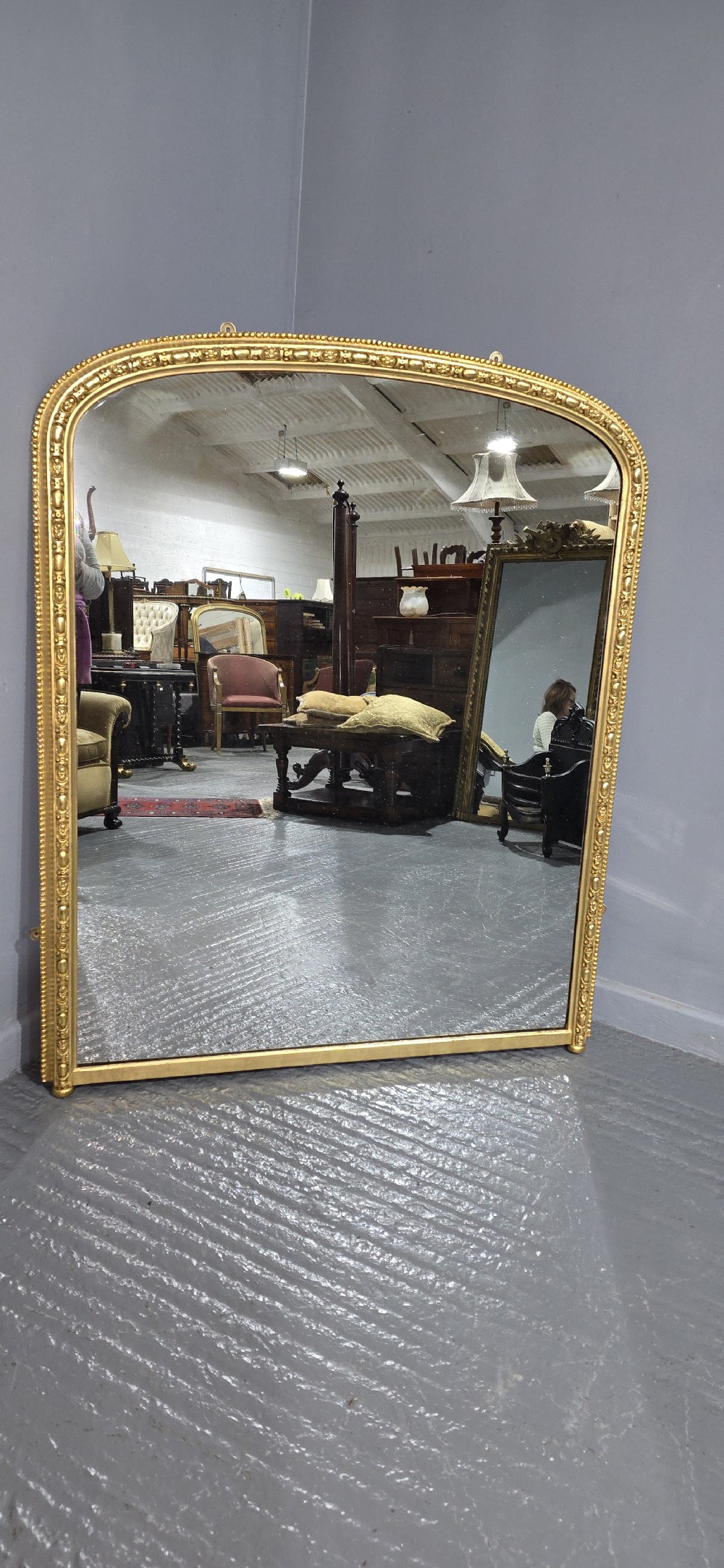 English Gilt Arched Top Overmantle Mirror View V