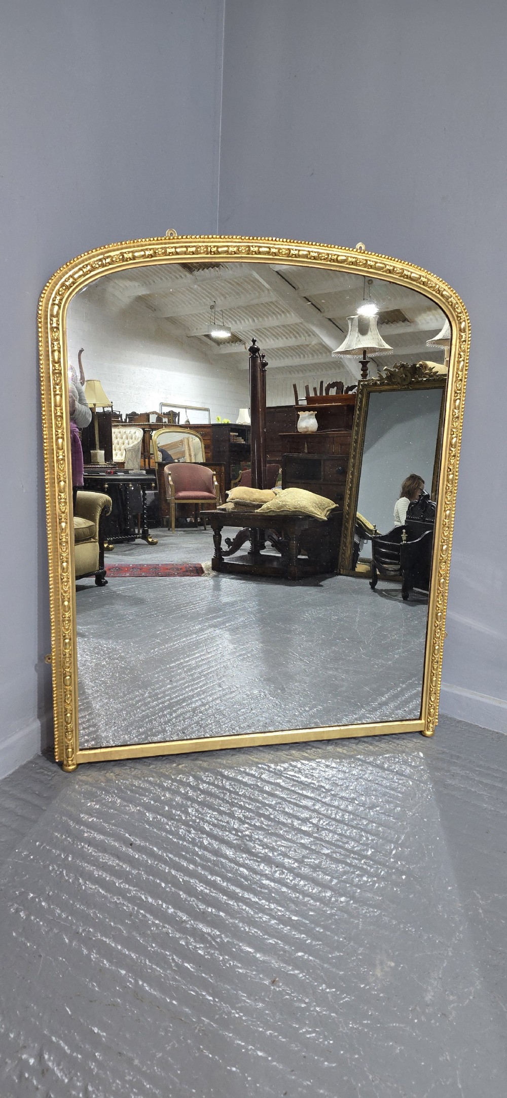English Gilt Arched Top Overmantle Mirror View VII
