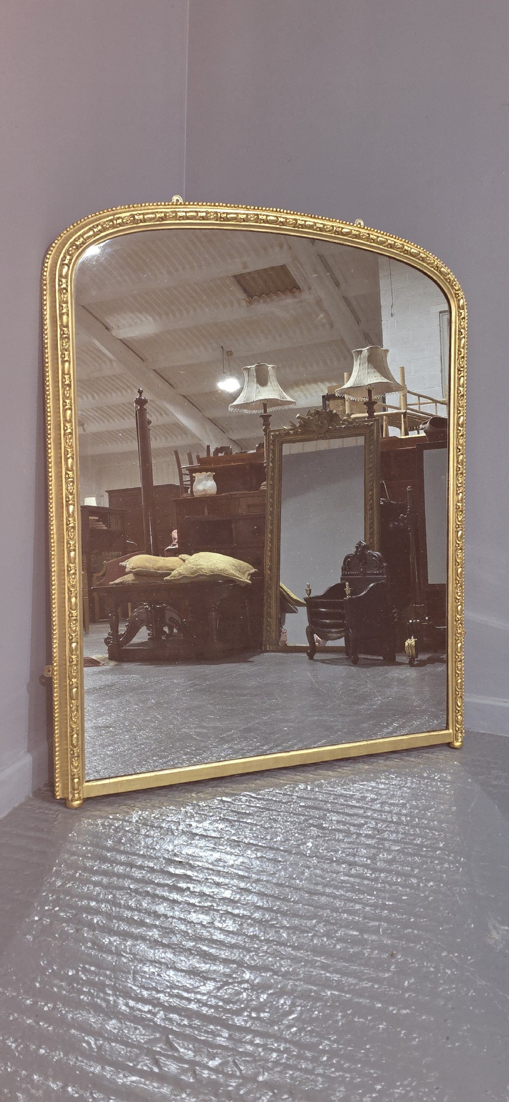 English Gilt Arched Top Overmantle Mirror View XII