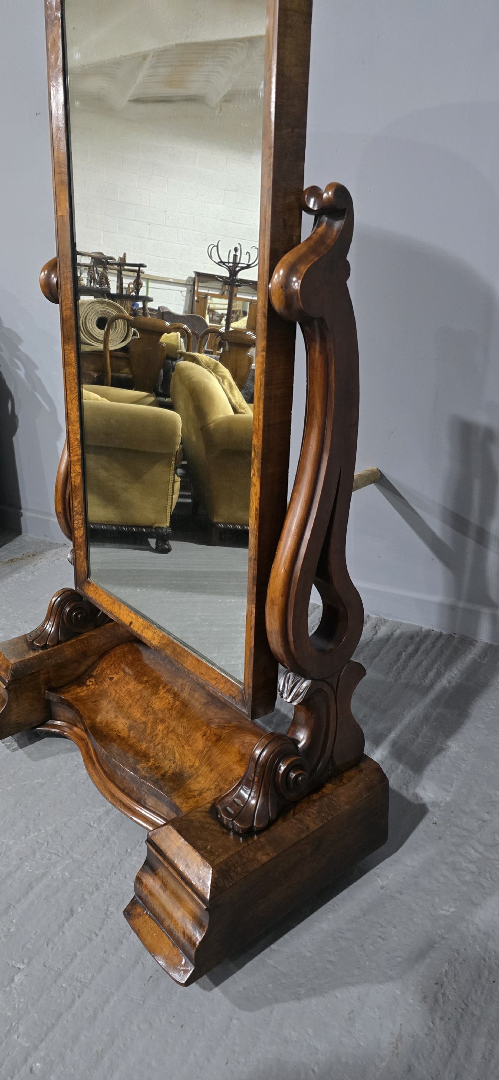 Lovely Burr Walnut Cheval Mirror View III