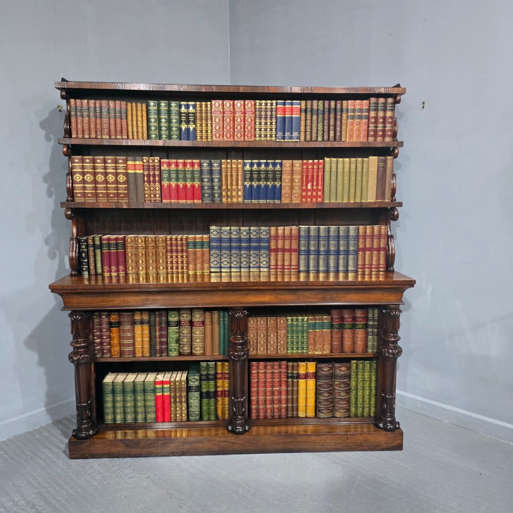 A large 19th-century William IV open mahogany waterfall bookcase with tiered graduated shelves filled with books and carved pilasters. View II