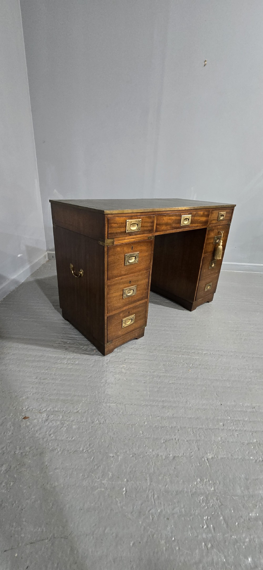 Mahogany Campaign Pedestal Desk View IX