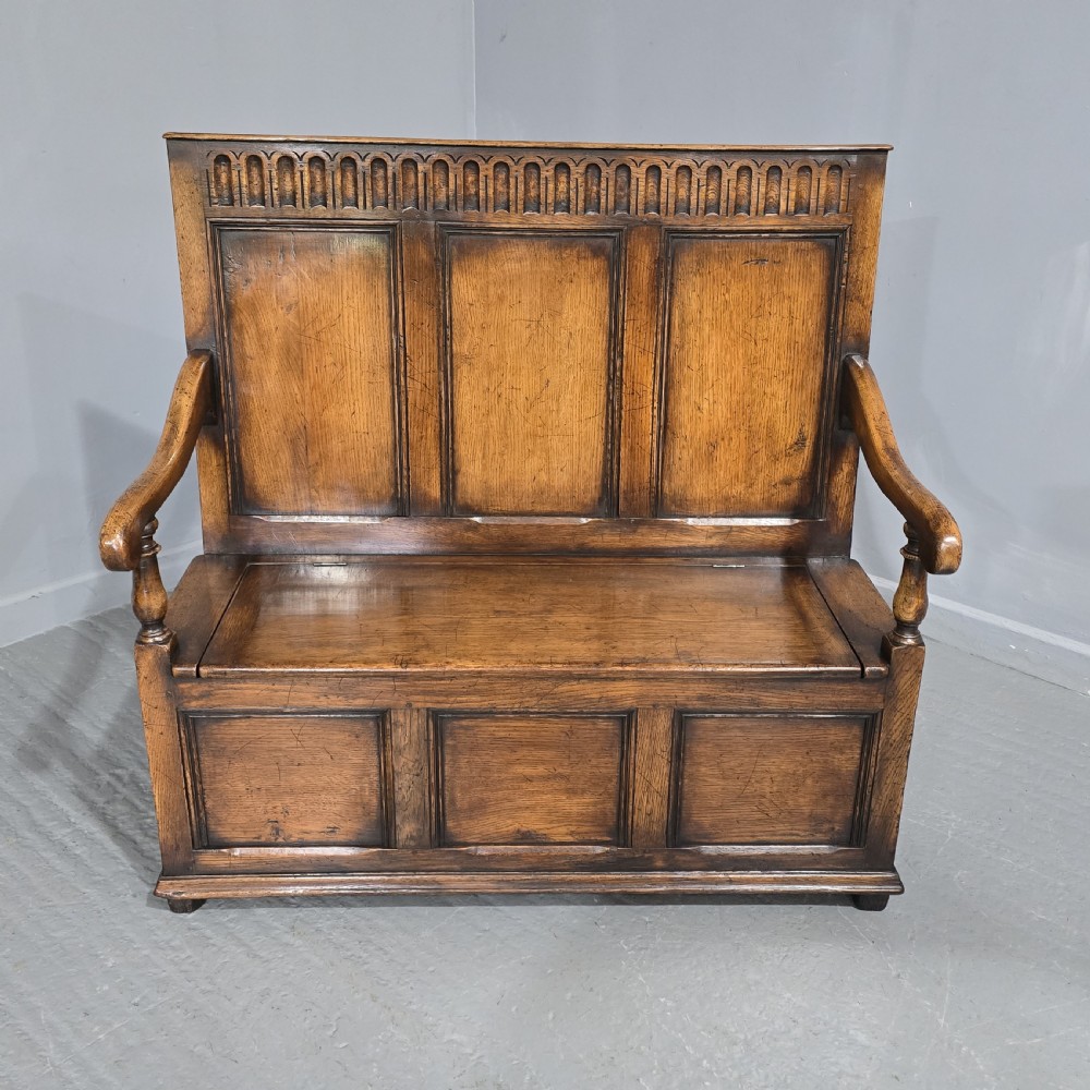 Superb Oak Panelled Monks Bench View II