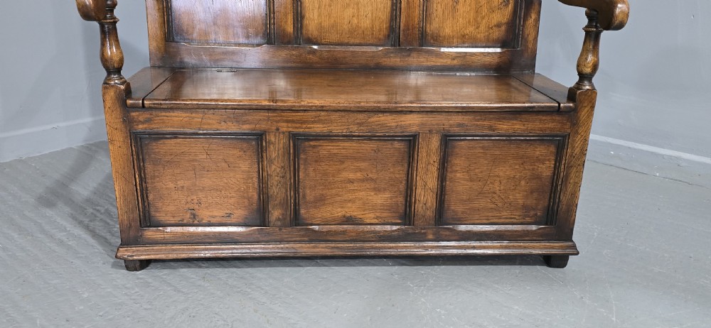 Superb Oak Panelled Monks Bench View III