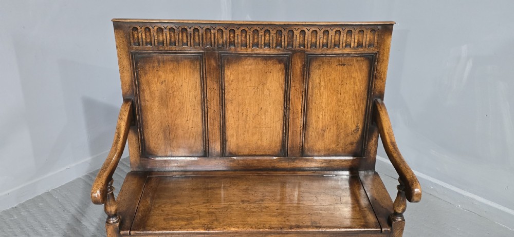 Superb Oak Panelled Monks Bench View V
