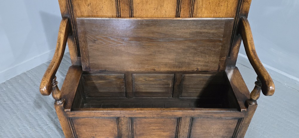 Superb Oak Panelled Monks Bench View VI