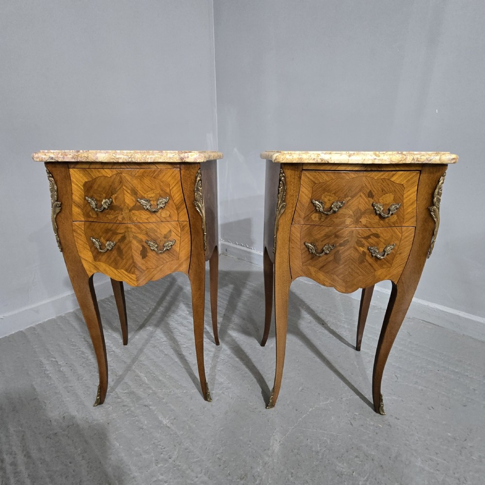 Pair French Marquetry Bedside Lamp Chest of Drawers