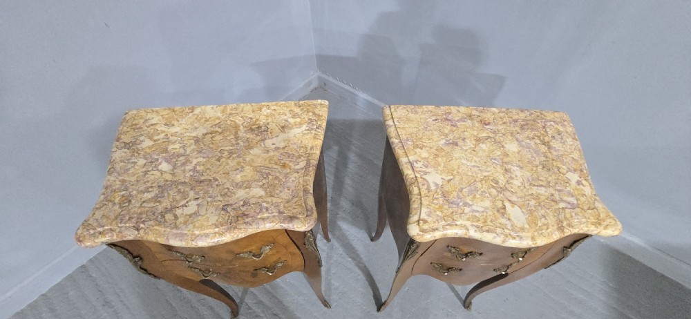 Pair French Marquetry Bedside Lamp Chest of Drawers View V