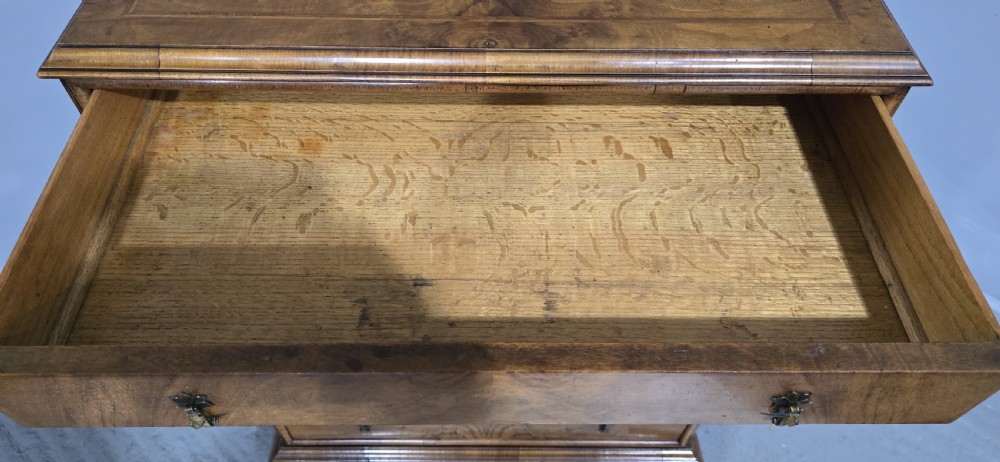 A tall antique burr walnut chest of drawers featuring six graduated drawers with brass drop handles and cabriole legs. View XII