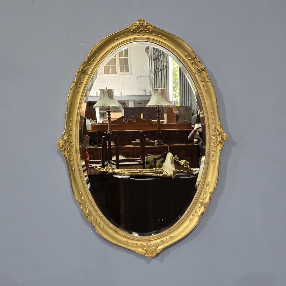 A vertical oval wall mirror featuring an ornate gold gilded frame decorated with scrolling floral motifs and bevelled glass.